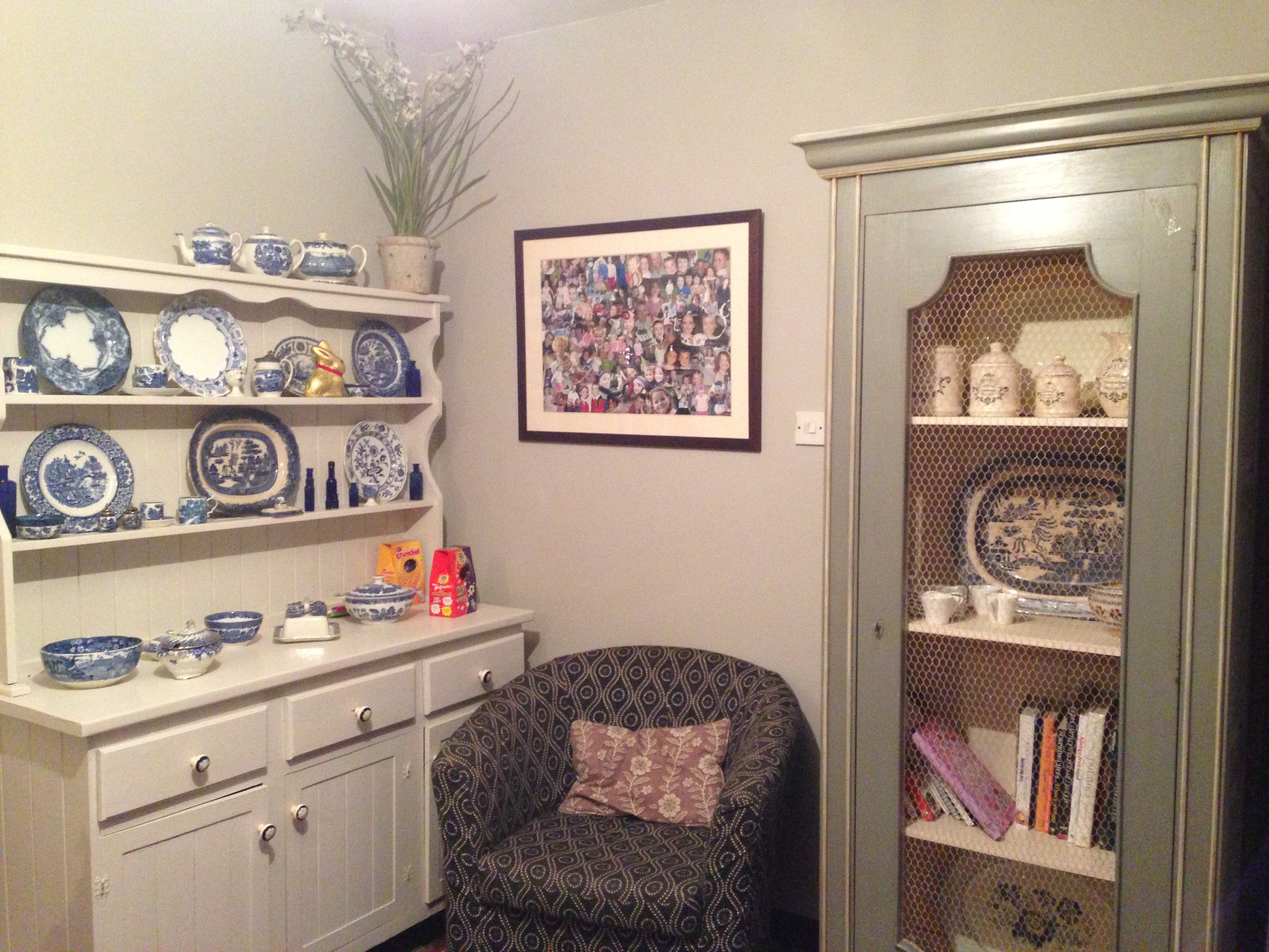 Blue and white china on dresser